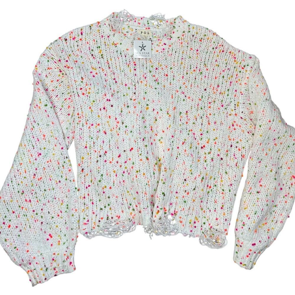 POL Confetti Knit Sweater Sea Star Boutique Fringe Hem Chunky Cozy Size L NWT